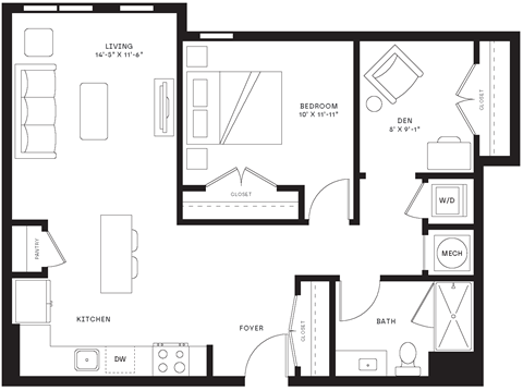 Floor plan for 1 bed, 1 bath, 859 sqft